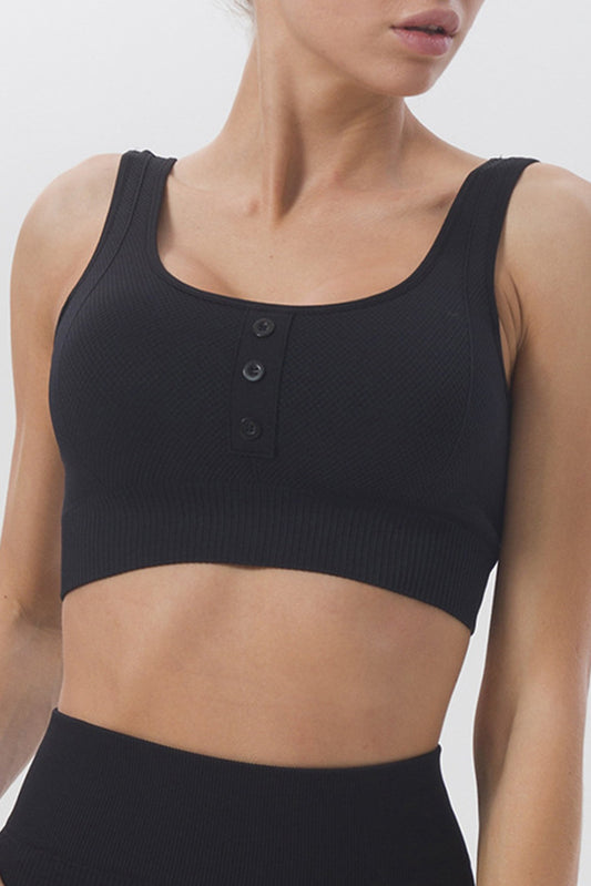 Soutien-gorge de sport noir sans couture à larges bretelles et boutons à col en U