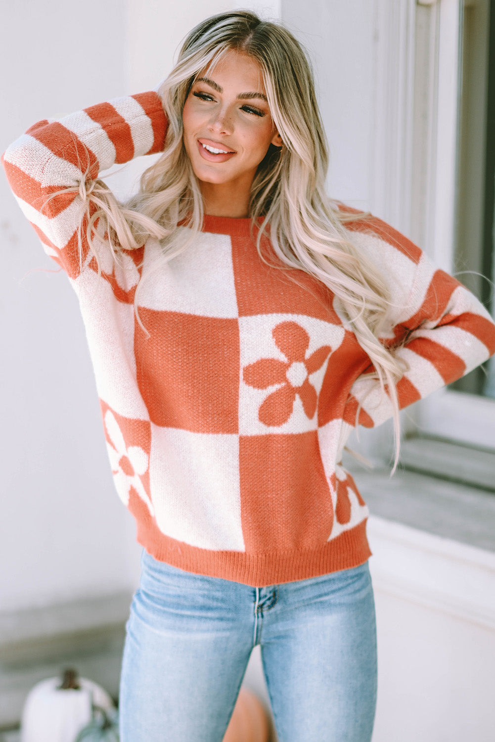 Green Checkered Floral Print Striped Sleeve Sweater