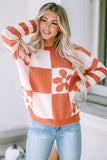 Green Checkered Floral Print Striped Sleeve Sweater