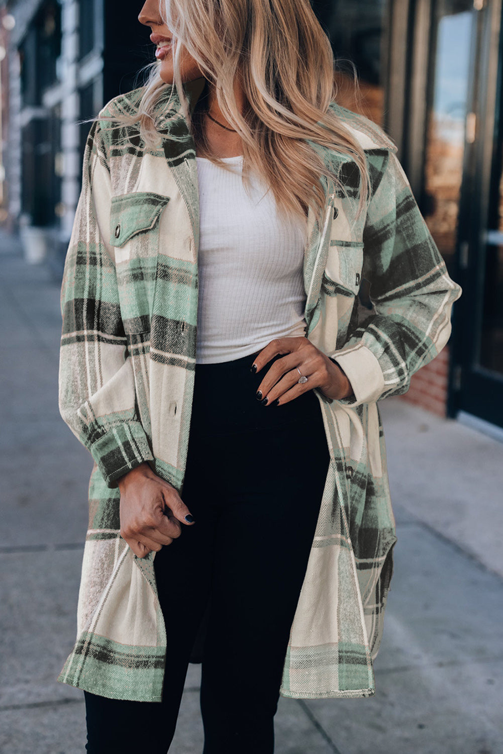 Brown Plus Size Plaid Flap Pockets Shacket