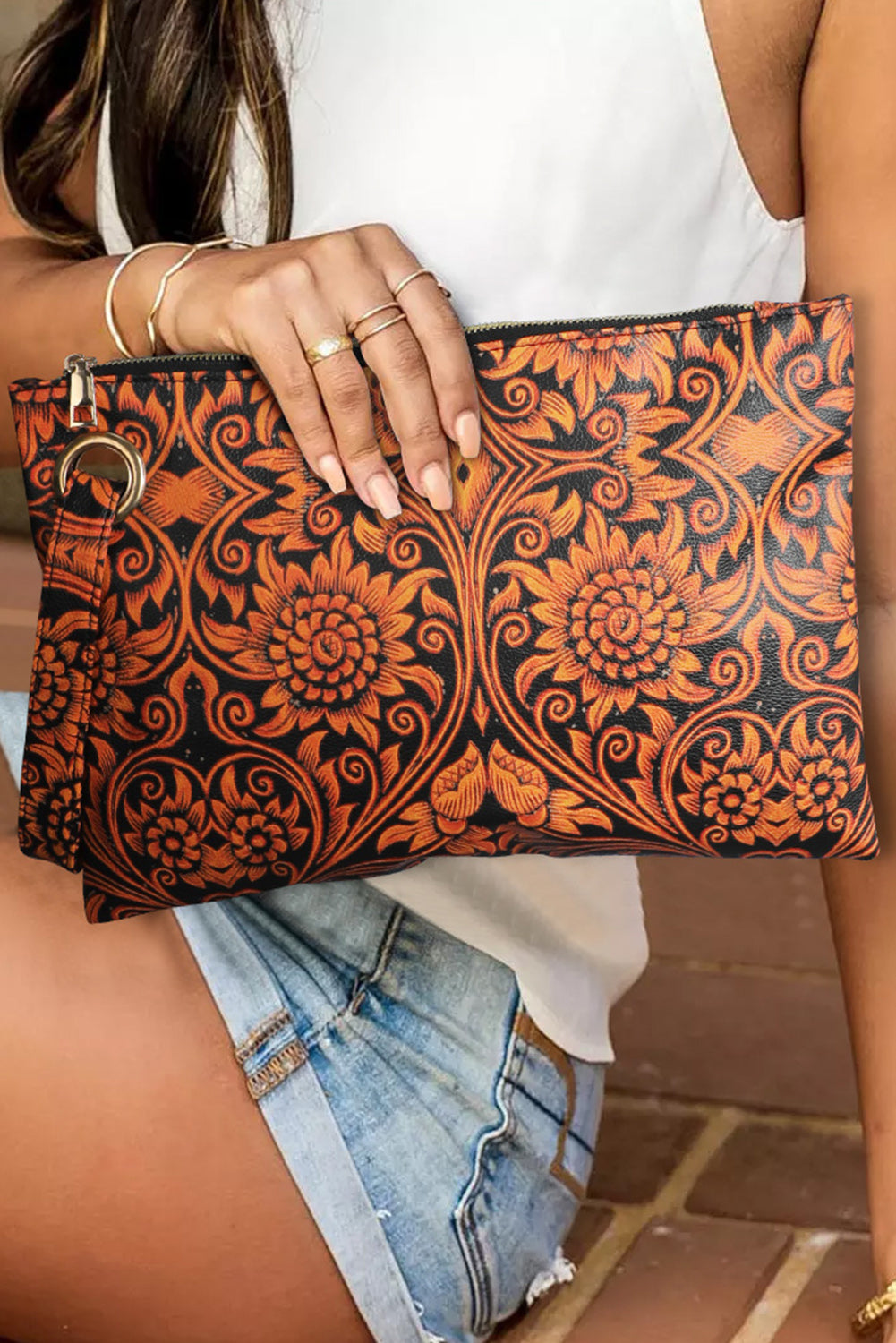 Vintage Floral Print PU Leather Wristlet Clutch