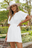 White Puff Sleeve Drawstring Shirt Dress with Pockets