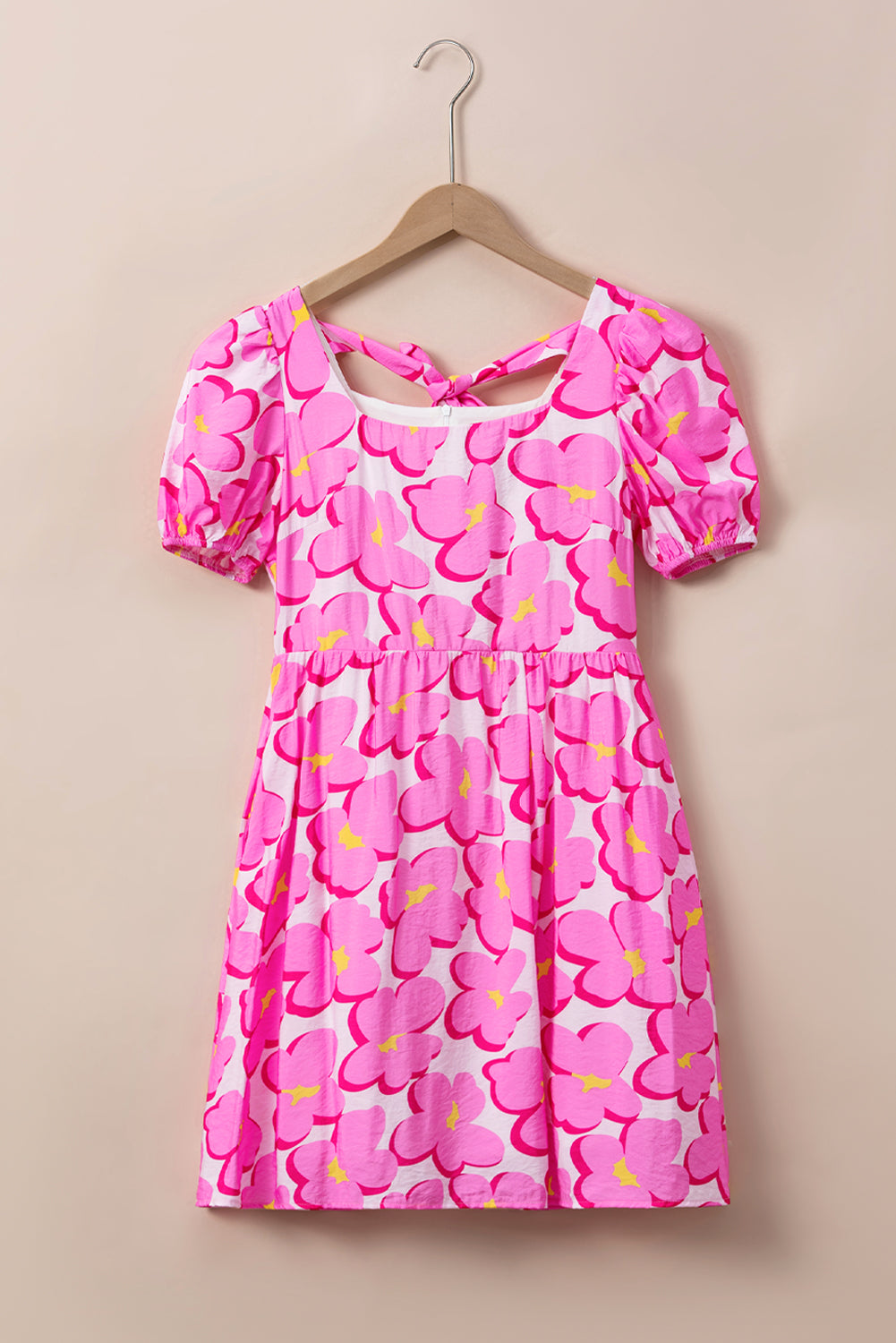 Rose Floral Print Square Neck Empire Waist Flowy Dress