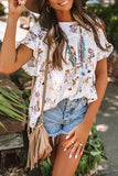 Floral Ruffled Short Sleeve Back Knot Blouse