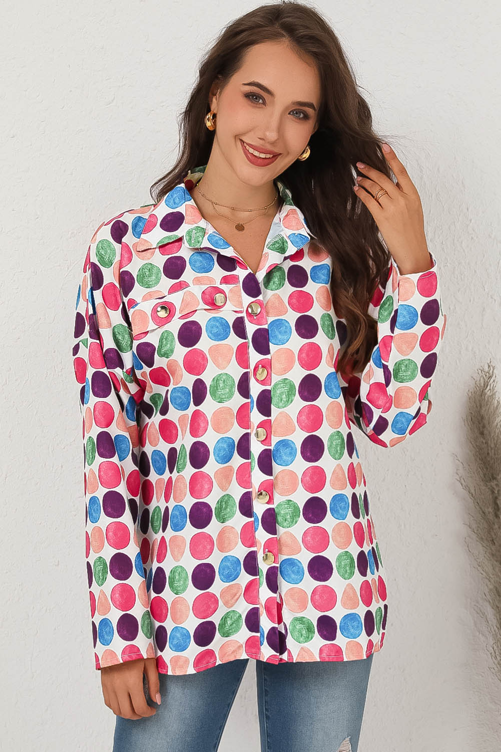 Chemise à manches longues boutonnée à pois multicolore