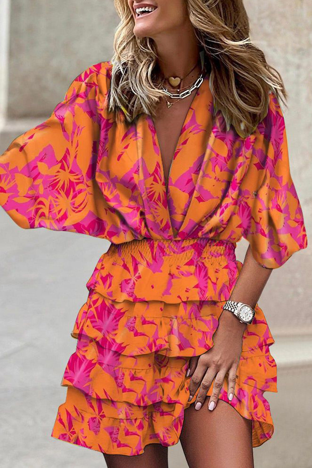 Floral Print Ruched V Neck Batwing Sleeve Mini Dress