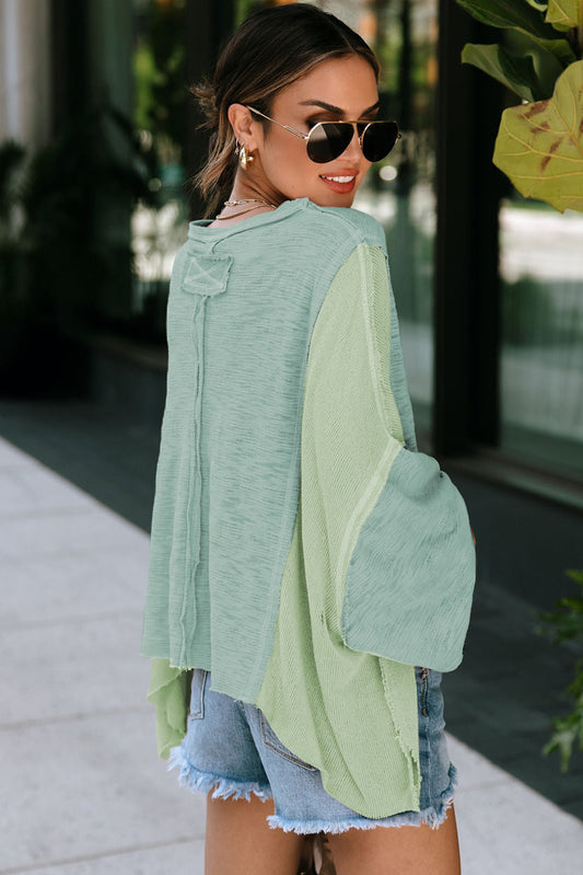 Green Exposed Seam Chest Pocket Loose Sleeve Oversized Top