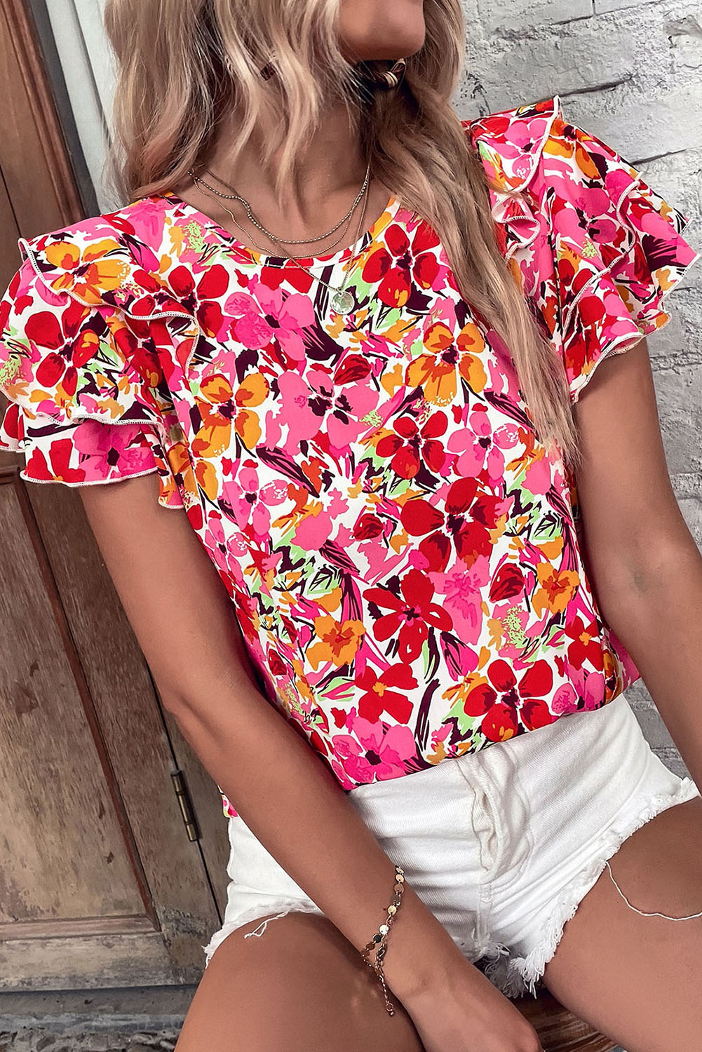 Blouse à manches superposées à fleurs rouge