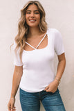 Square Neck Cut out Ribbed Knit Short Sleeve Top