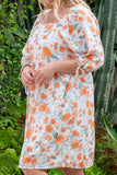 Robe florale orange à manches nouées et col carré de grande taille 