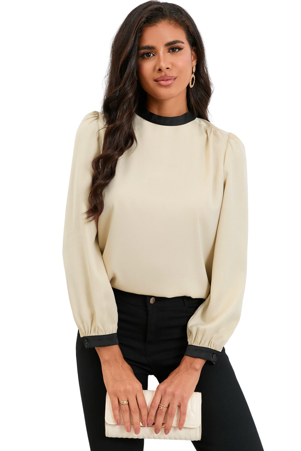 Color Block Bow Back Mock Neck Blouse