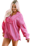 Pink Retro Frilled Seam Crinkle Puff Sleeve Blouse