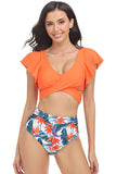 Flutter Sleeve Cross Criss Tied Floral High Waisted Bikini Swimsuit