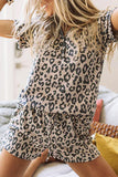 Multicolour Leopard Button V Neck Tee and Drawstring Shorts Set