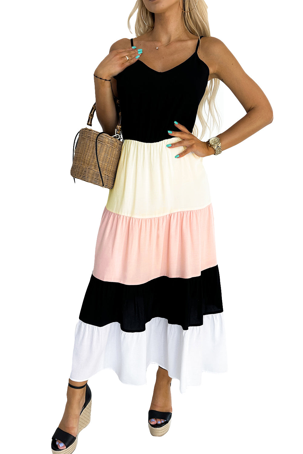 Color Block Sleeveless V Neck Long Dress