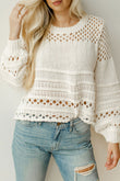 Solid Color Pointelle Knit Puff Sleeve Sweater