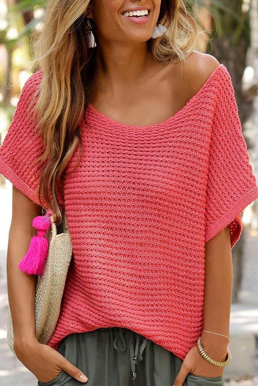 Ginger Solid Loose Knit Short Dolman Sleeve Sweater