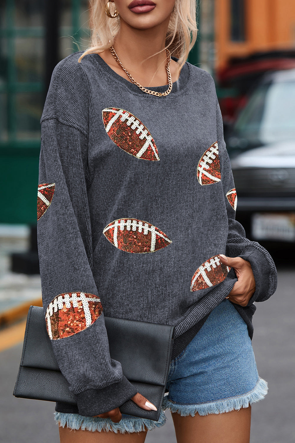 Black Sequined Rugby Graphic Open Back Sweatshirt