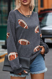 Gray Sequin Rugby Football Graphic Corded Baggy Sweatshirt