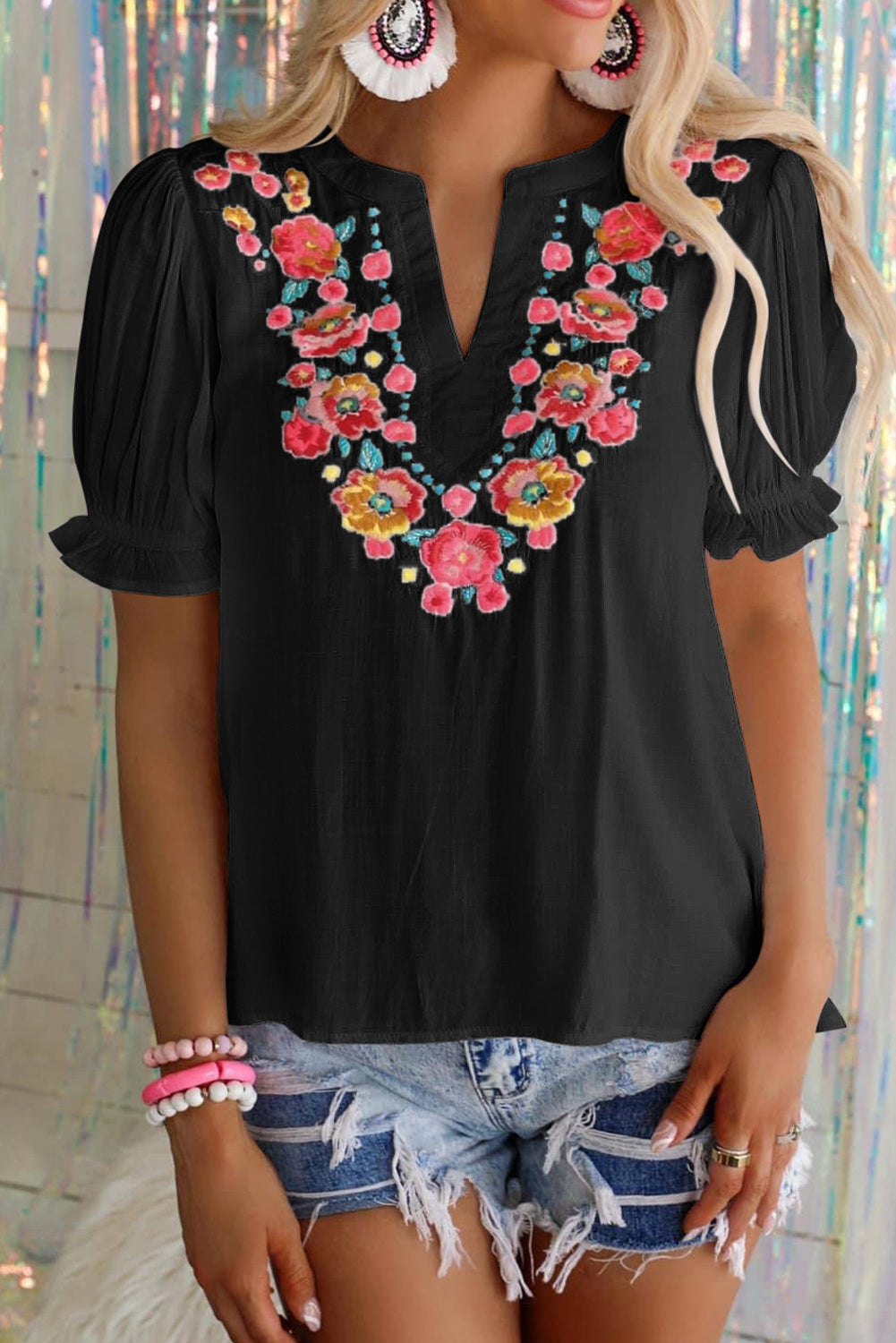 Floral Embroidered Ruffled Puff Sleeve Blouse