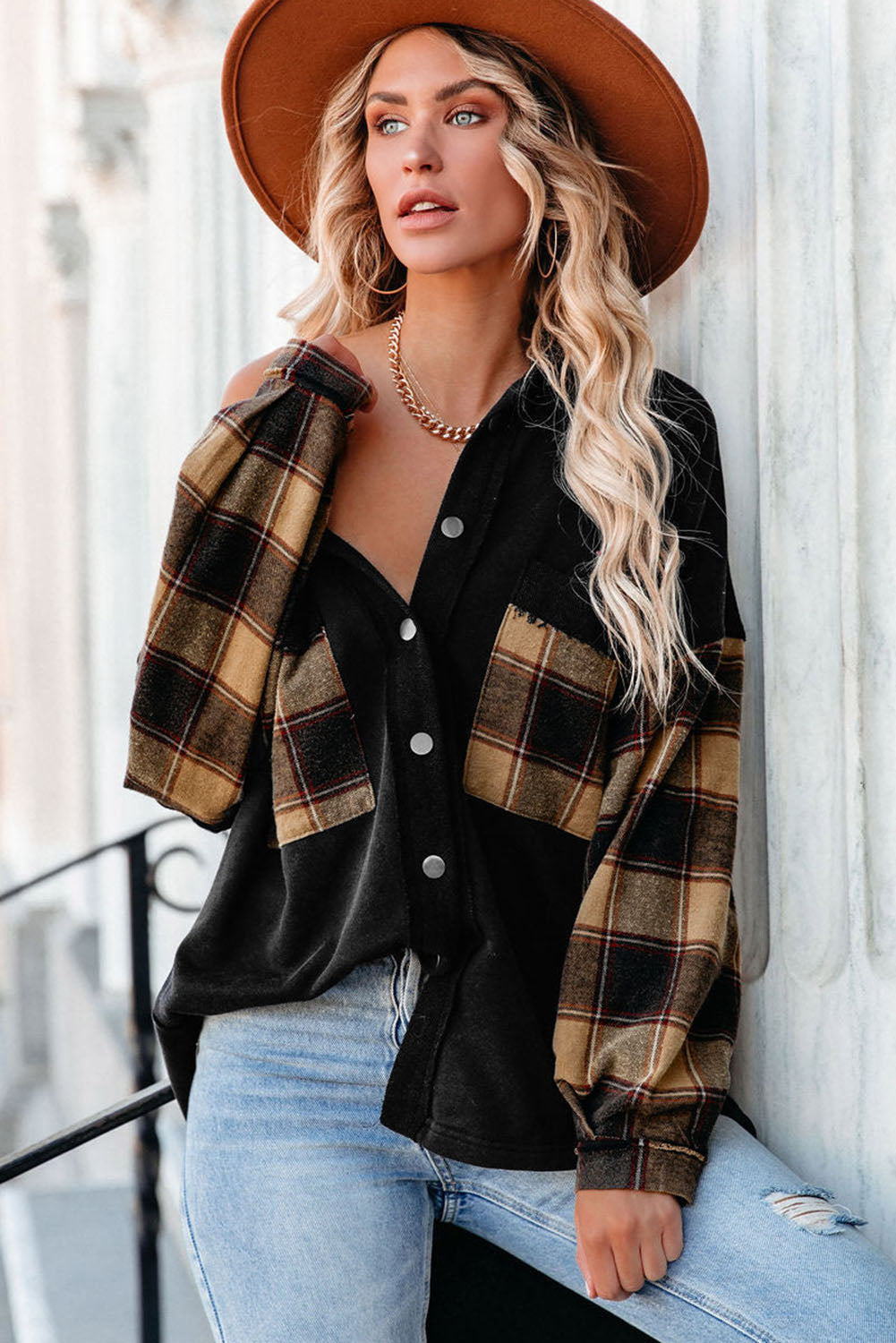 Plaid Patchwork Chest Pockets Oversized Shirt Jacket