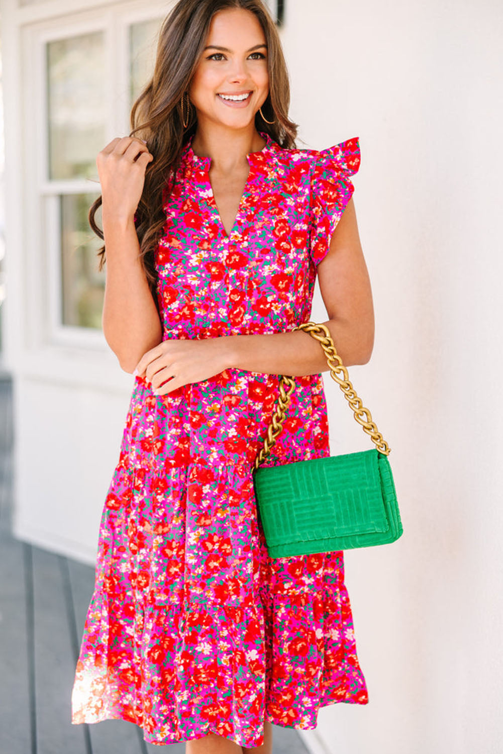 Boho Floral Flutter Sleeve Tiered Ruffled Dress