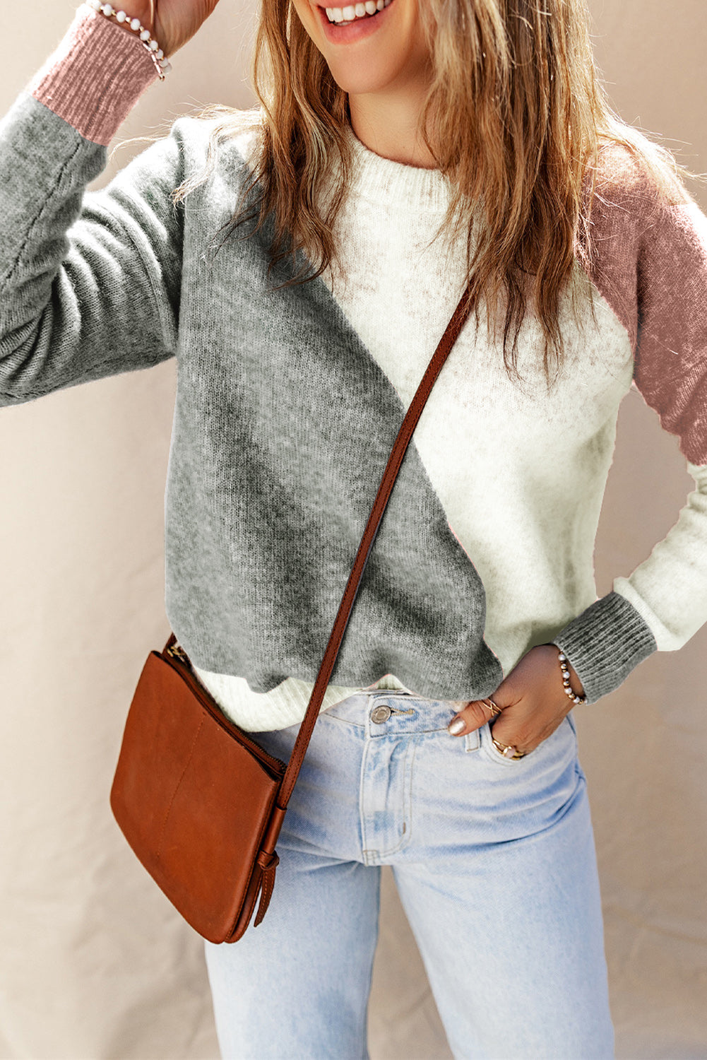 Colorblock Ribbed Trim Round Neck Sweater