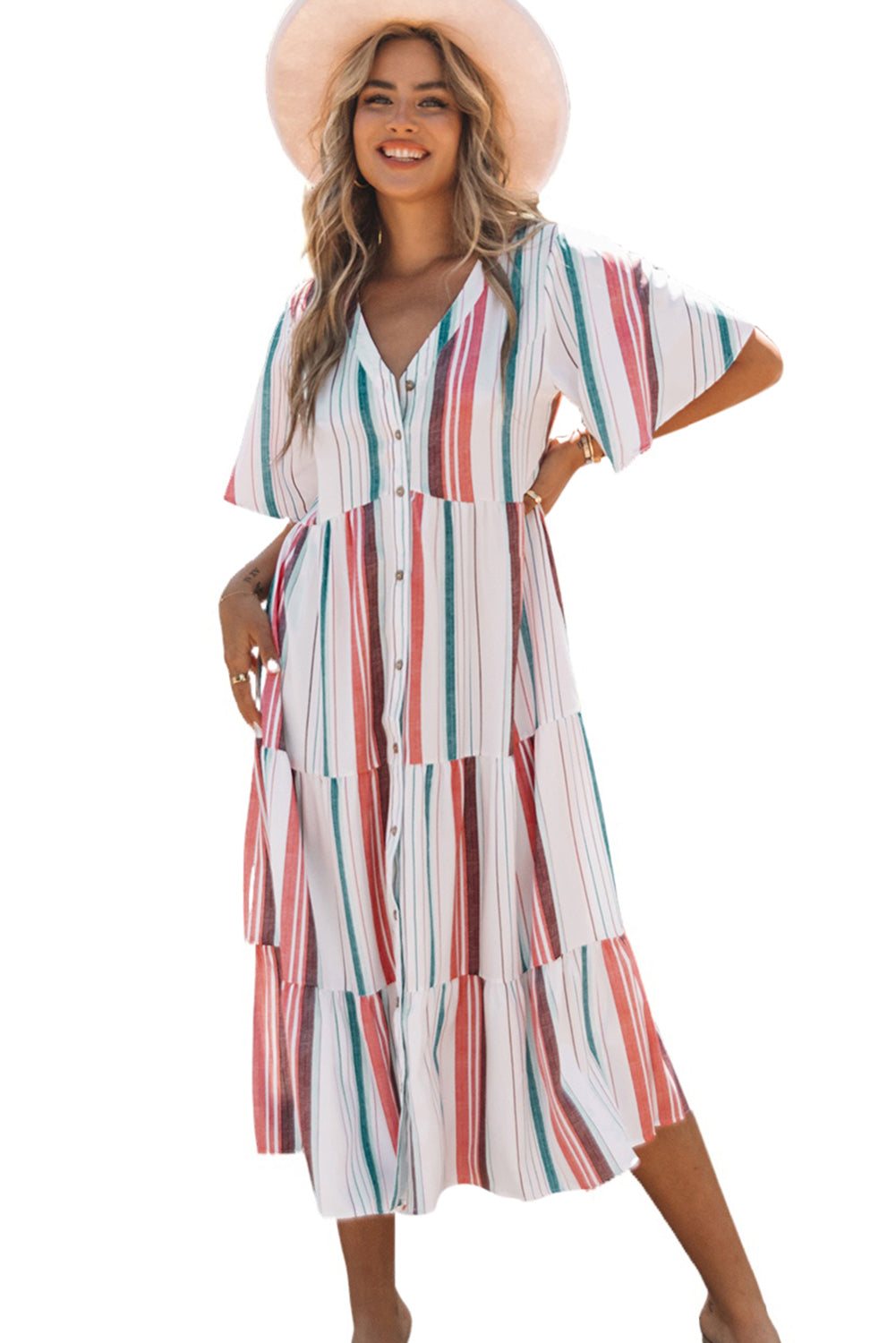 Robe chemise boutonnée à col en V rayée Serape