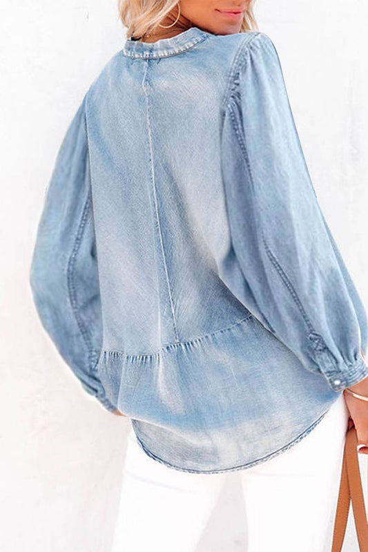 Split V-Neck Balloon Sleeve Ruched Denim Top