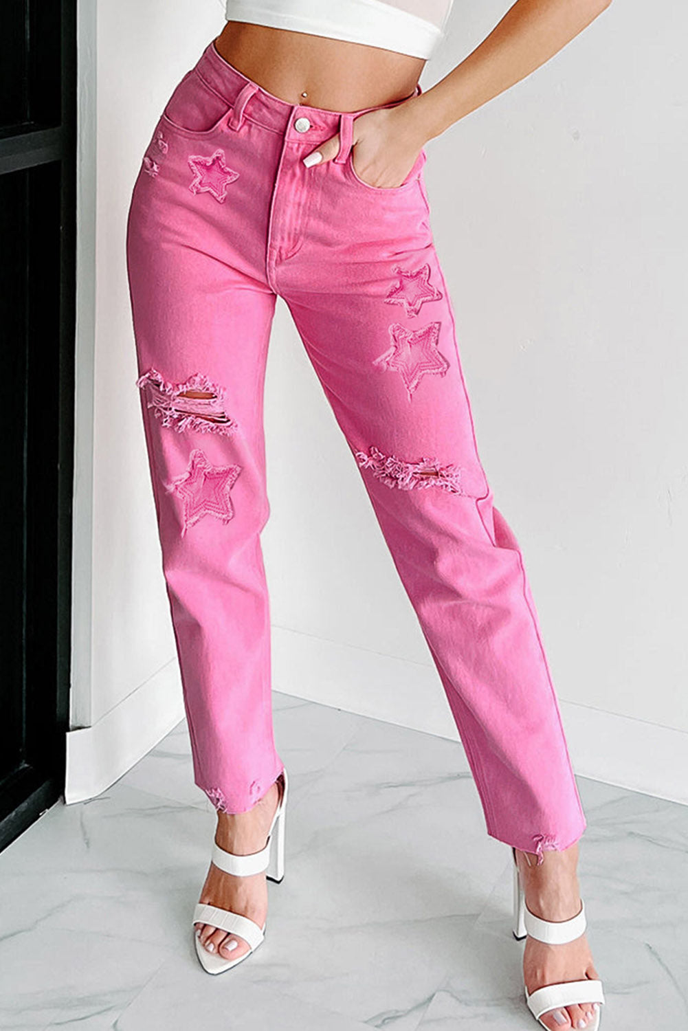 Pink Star Shape Patchwork Mid Waist Straight Leg Jeans