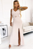 V Neck Row Pleated Waist Slit Maxi Dress