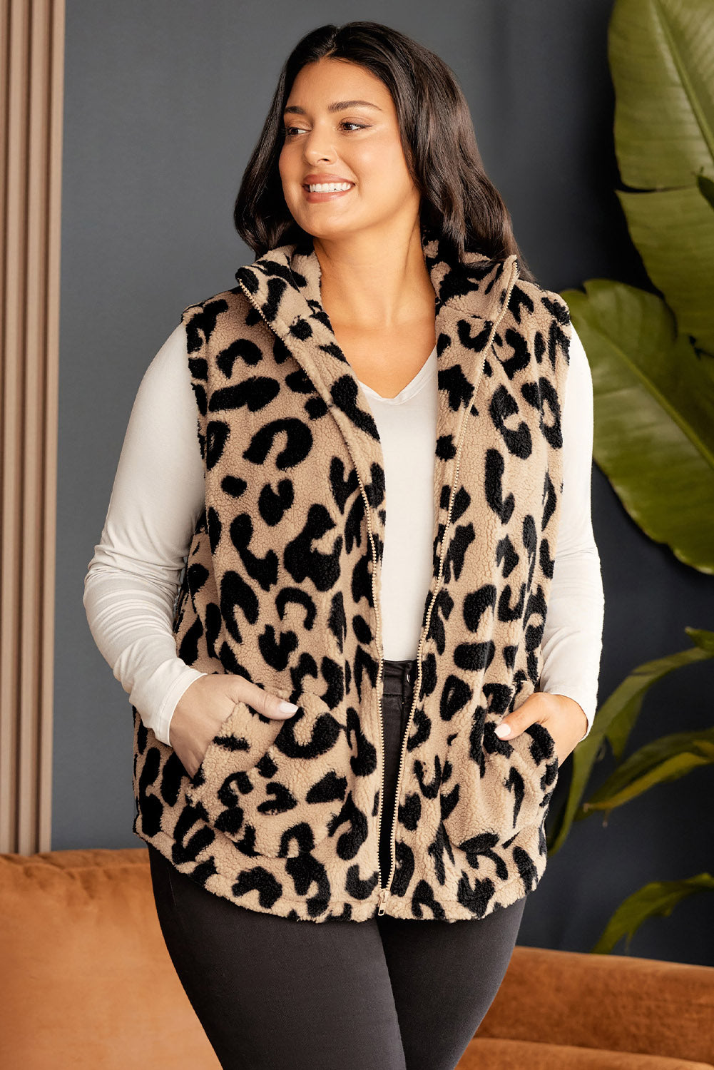 Plus Size Stand Neck Zipped Front Sherpa Jacket Vest