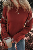 Red Dahlia Color Contrast Trim Drop Shoulder Crew Neck Sweater