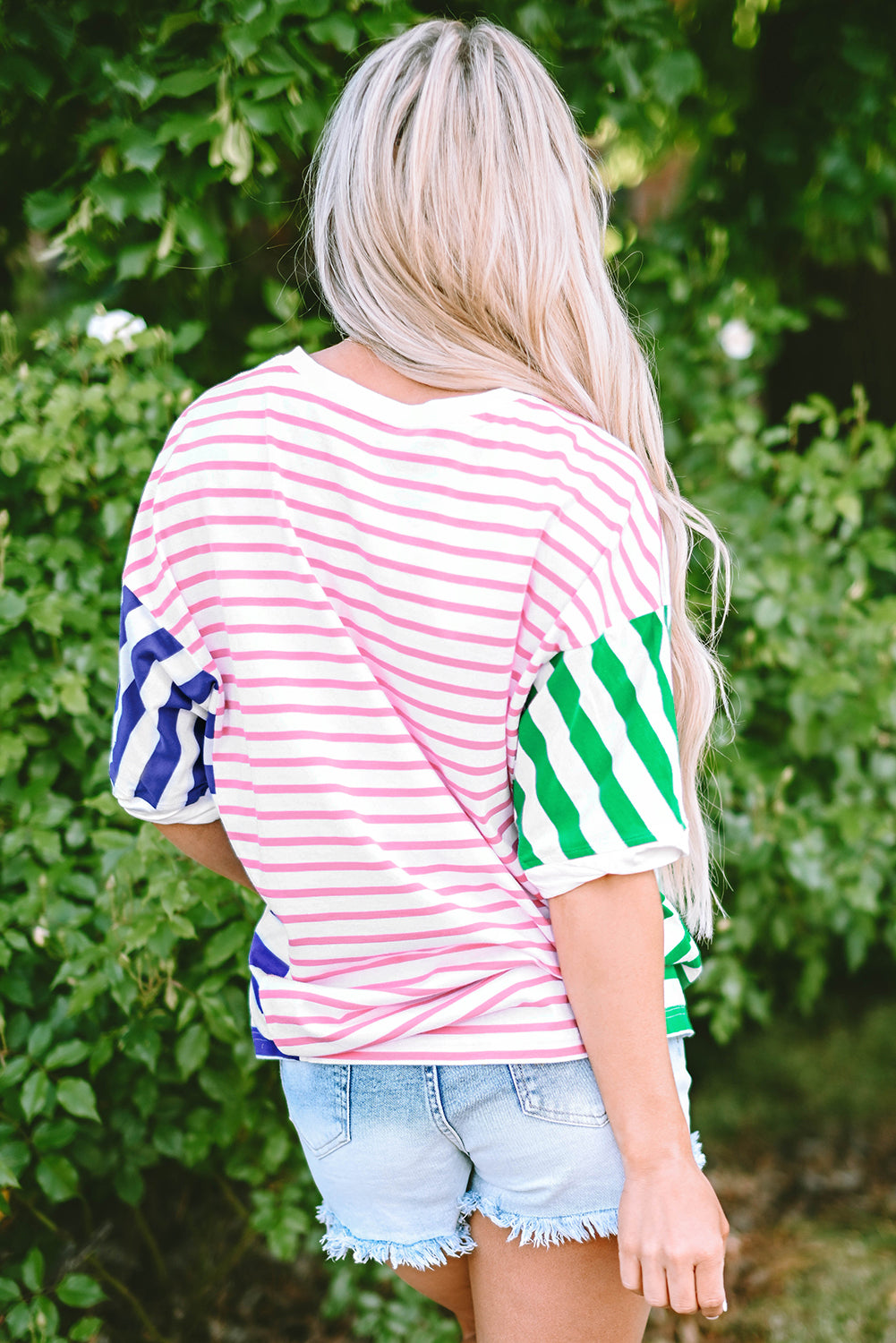 Blue Stripe Colorblock Patchwork Baggy T Shirt