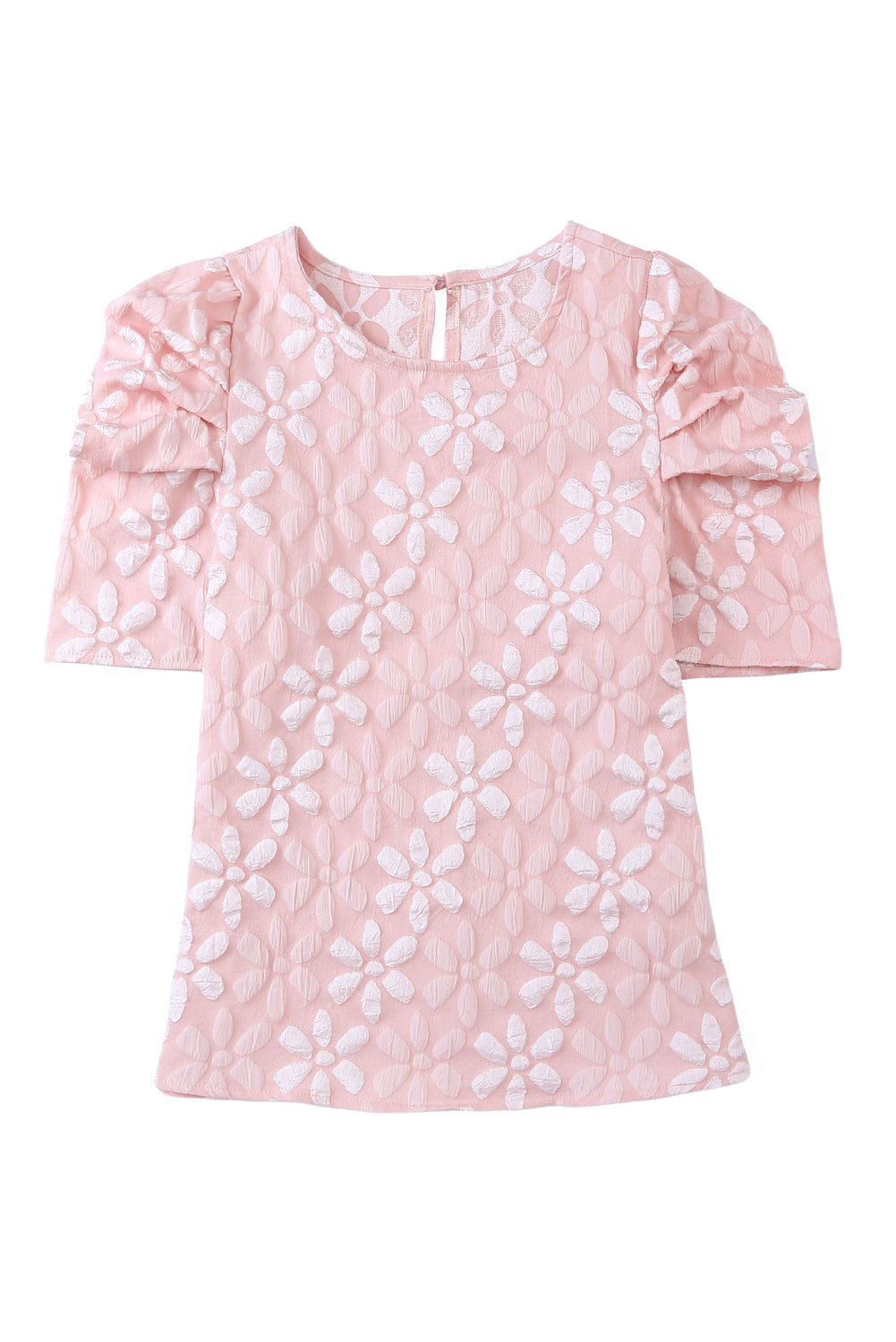 Pink Floral Lace Ruched Bubble Sleeve Top