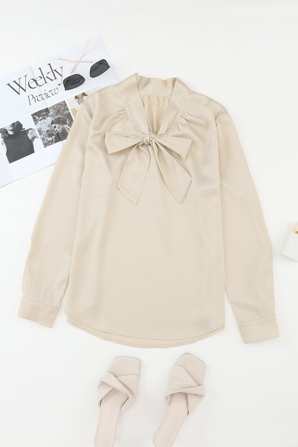 Solid Bow Tie Long Sleeve Blouse