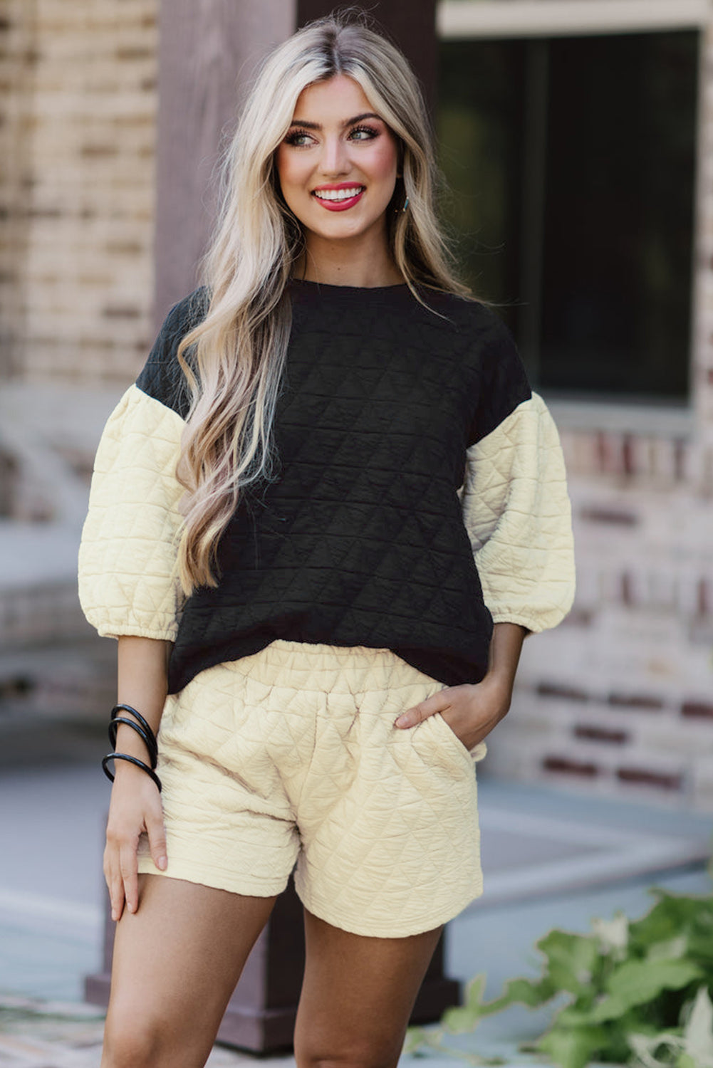 Black Textured Long Sleeve Top Shorts Outfit