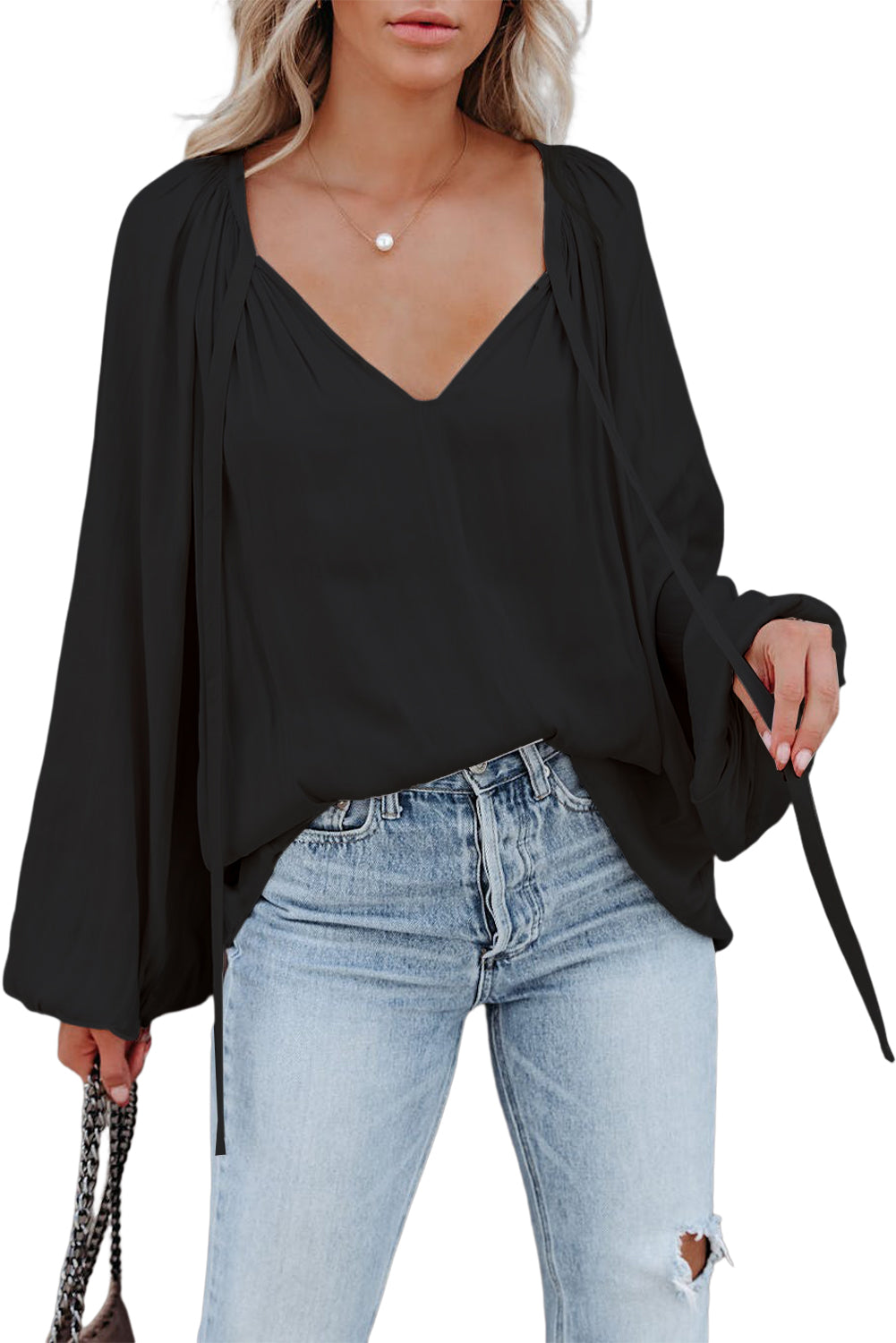 Tie V Neck Pleated Puff Sleeve Satin Blouse