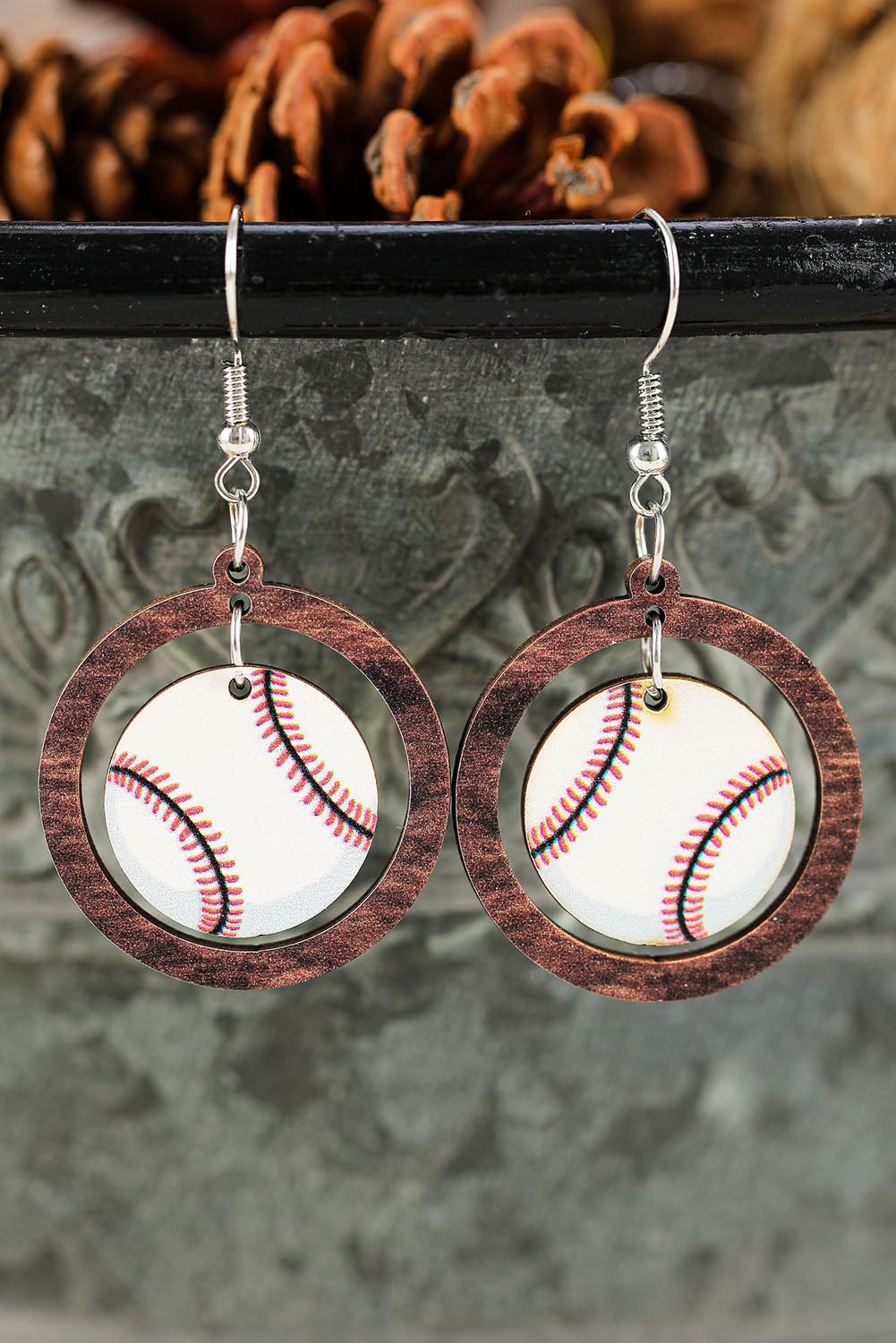 Baseball Pattern Wood Round Drop Earrings