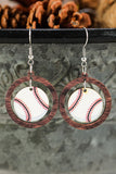 Baseball Pattern Wood Round Drop Earrings