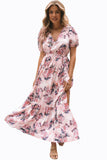 Robe longue rose à fleurs, manches bouffantes, taille haute