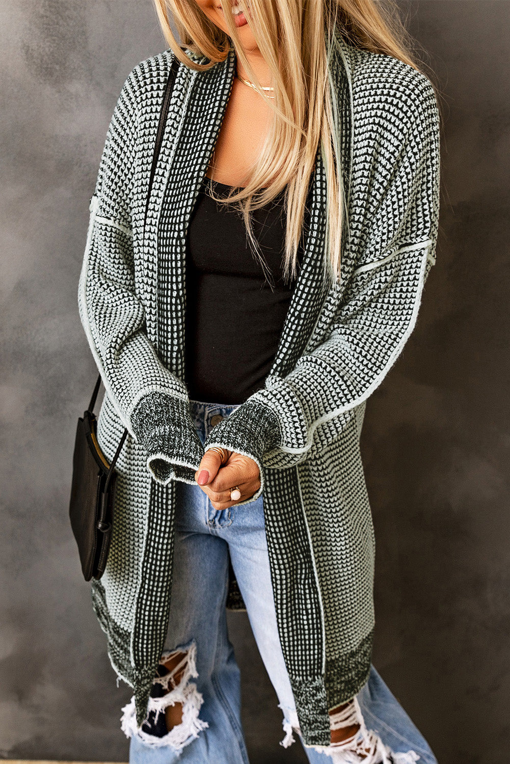 Gray Textured Knit Pocketed Duster Cardigan