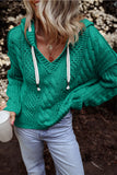 Sea Green Cable Knit V Neck Contrast Drawstring Hooded Sweater