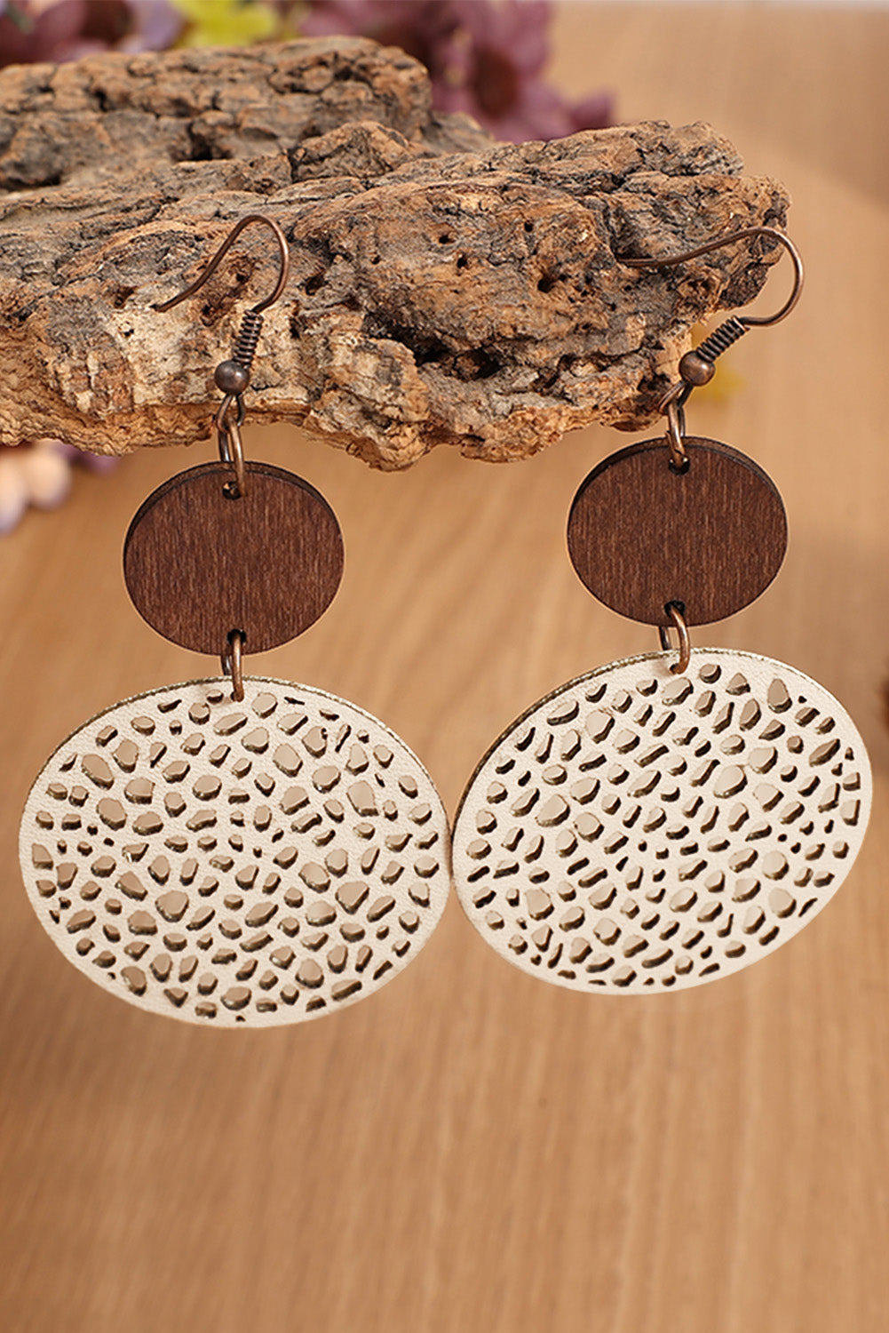 Hollow Out Wooden Round Drop Earrings