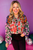 Red Colorblock Floral Printed Puff Sleeve Shirt