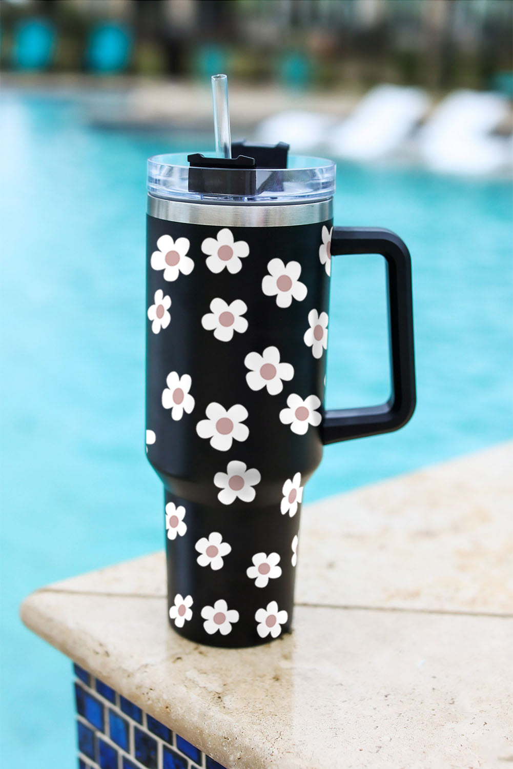 Floret Print Stainless Tumbler With Lid And Straw