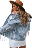 Sky Blue Sequin Embellished Fringe Distressed Denim Jacket