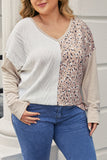 Plus Size Leopard Patchwork Mix Knit Long Sleeve Top