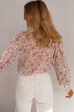 Pink Floral Print Bishop Sleeve Collared V Neck Shirt