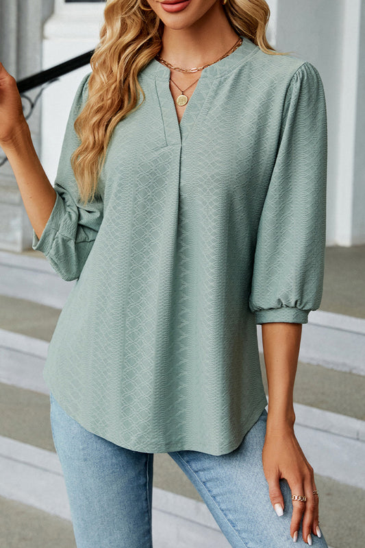 Jacquard Half Sleeve Split V-Neck Blouse